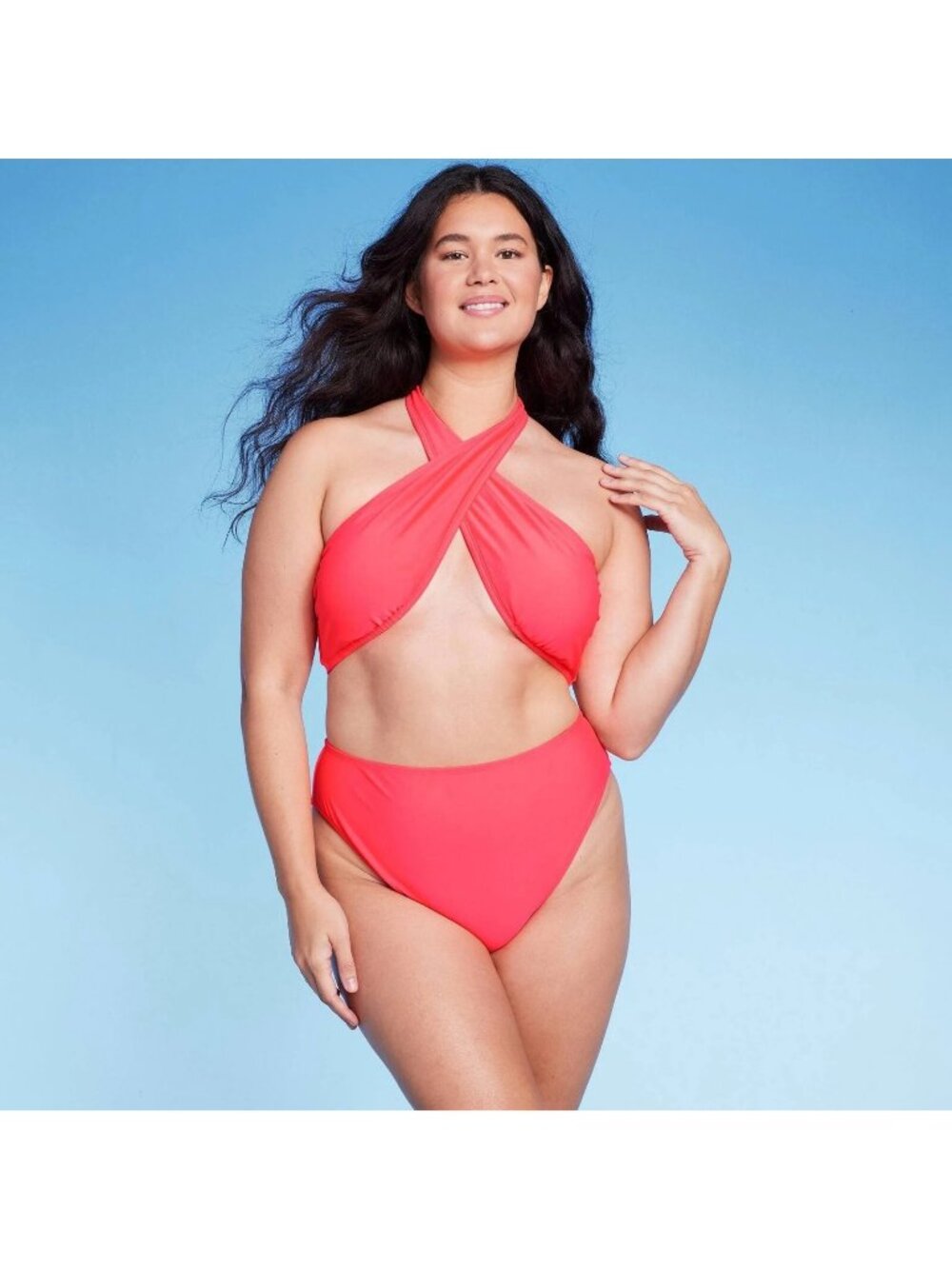 Women's 1 Piece Swimsuit Size XL Neon Coral Pink Cross Front Halter Wild Fable